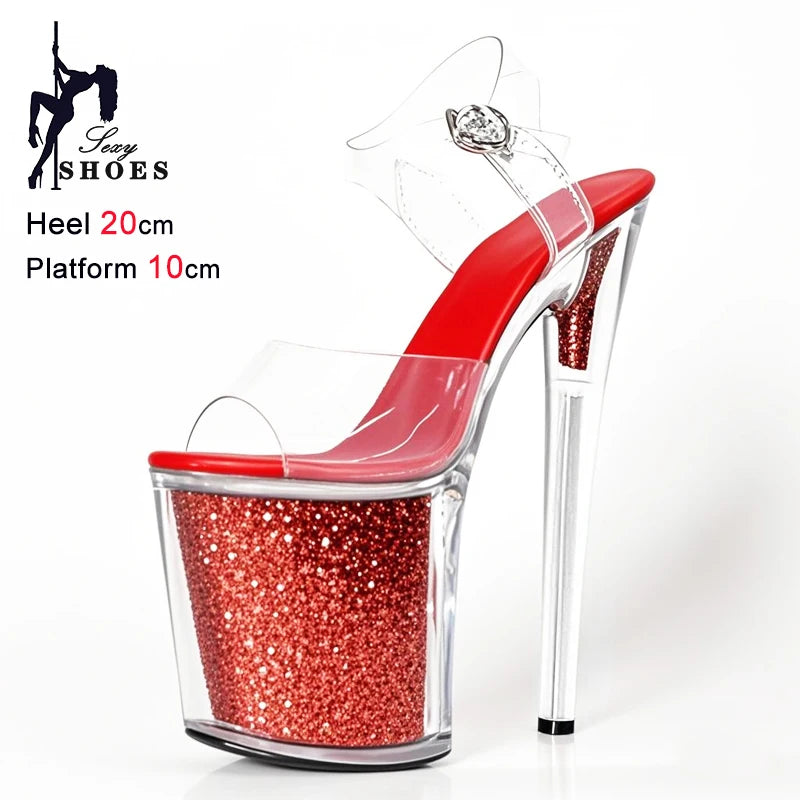 20CM/8inche Exotic Stripper High Heel Sandals Transparent Upper Glitter Stiletto Heels Pole Dancing Women Shoes Sequin Platform