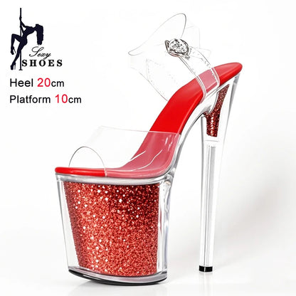 20CM/8inche Exotic Stripper High Heel Sandals Transparent Upper Glitter Stiletto Heels Pole Dancing Women Shoes Sequin Platform