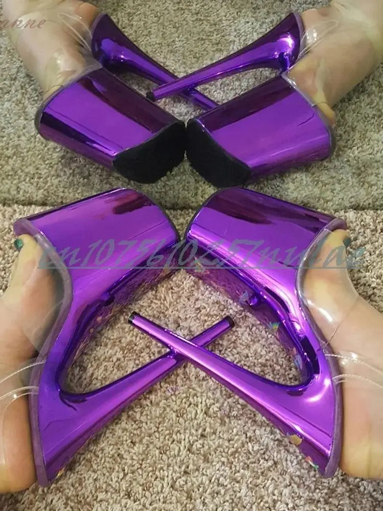 Sexy Purple Shiny Mirrored Platform Sandals Clear PVC Ankle Buckle Stiletto High Heel 20CM/8Inchs Pole Dance for Women 2026 Hot