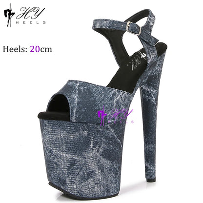 New Popular 20cm 8" Heels Pole Dance Platform Shoes Black Velvet Denim Snake Sexy Dancing Shoes Catwalk Model High Heels Sandals