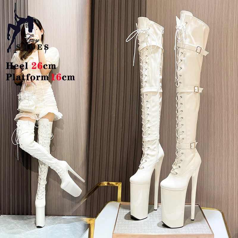 26cm/10Inchs Women Boots Platform High Thin Heels Over The Knee Long Boots Autumn Winter Buckle Pole Dance Catwalk Party Shoes