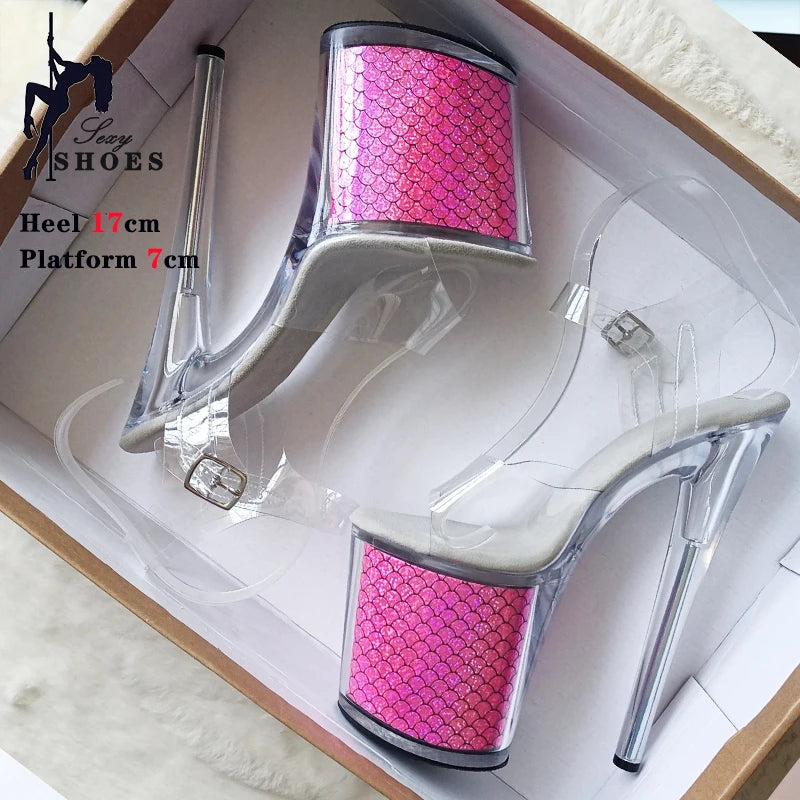 Colorful Fish Scale Pole Dancing Shoes Open Toe Crystal Platform High Heels Sexy 17CM 20CM Sandals Women Party Stripper Shoes