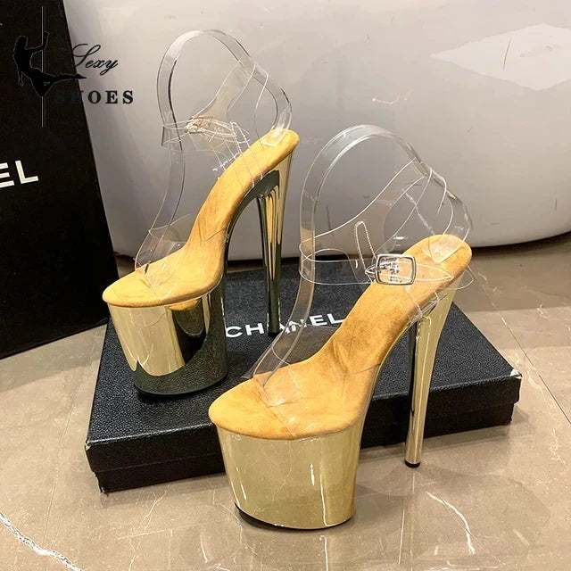 2023 Electroplated Stiletto Heels 8 inch/20cm High Heel Sandals Women Transparent Pole Dancing Sandals for Models Stripper Pumps