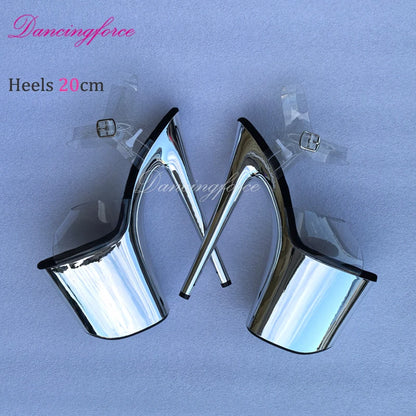 20CM/8inches Sexy  Stripper Chrome Platform Steel Pipe Exotic Pole Dance Sandals Fashion Crystal TPU Women's Shoes Summer