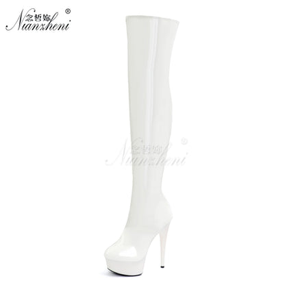Sexy Punk Pole Dance Over The Knee Boots 8 Inch High 20cm Stripper Heels Long Fetish Shoes Gothic Combat Platform Women's Black