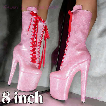Sparkling Pink Fine Shimmer Glitter Pole Dance Boots Women Red Lace-Up 20Cm Platform White Bling Sequins Glossy Red Zipper Heels