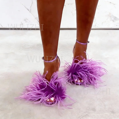 Gradient Romantic Purple Feather Tassel Sandals Women Plush Silk Stiletto Heels Round Toe Open Red Ankle Buckle Sexy Dress Shoes