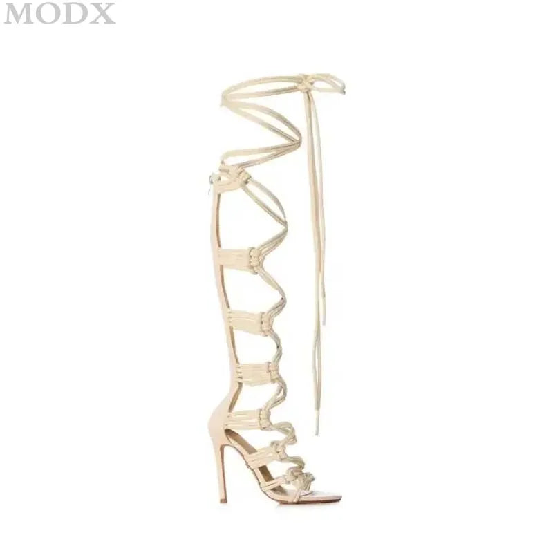 Cut-outs Thin High Heels Knot Rope Designer Knee High Sandals Boots Sexy Ankle Wrap Cross Strap Stiletto Gladiator Sandal Women