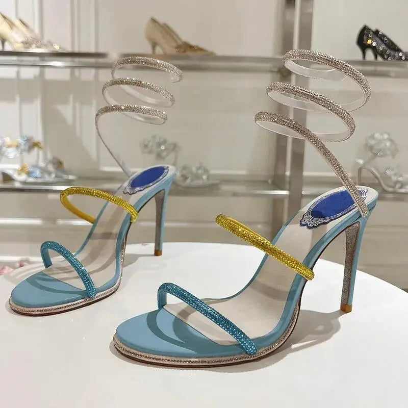 2025 Crystal High Heels Sandals For Women Open Toe Ankle Snake Around Designer Rhinestone Silver Dress Party Wedding Shoes Woman