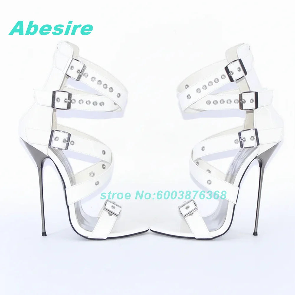 Multi Belt-Buckles Cross-Tied Sandals Peep Toe Thin Heels Patent-Leather Shoes for Women Back Zipper Sexy Party Street Shoes New