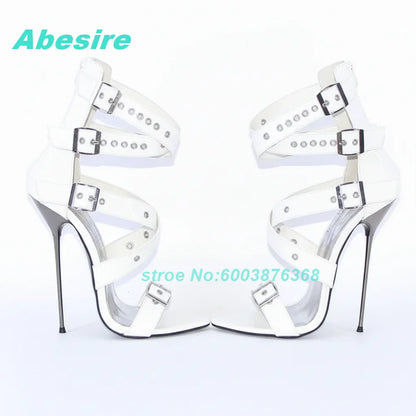 Multi Belt-Buckles Cross-Tied Sandals Peep Toe Thin Heels Patent-Leather Shoes for Women Back Zipper Sexy Party Street Shoes New