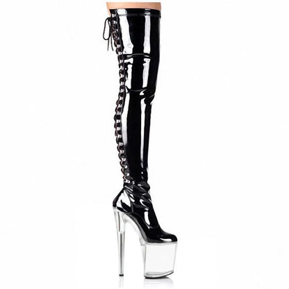 20cm Stripper High Heel Platform Sexy Shoes Over The Knee Boots Black Hollow Lace Up 8 Inch Long Pole Dance Strappy Combat Queen