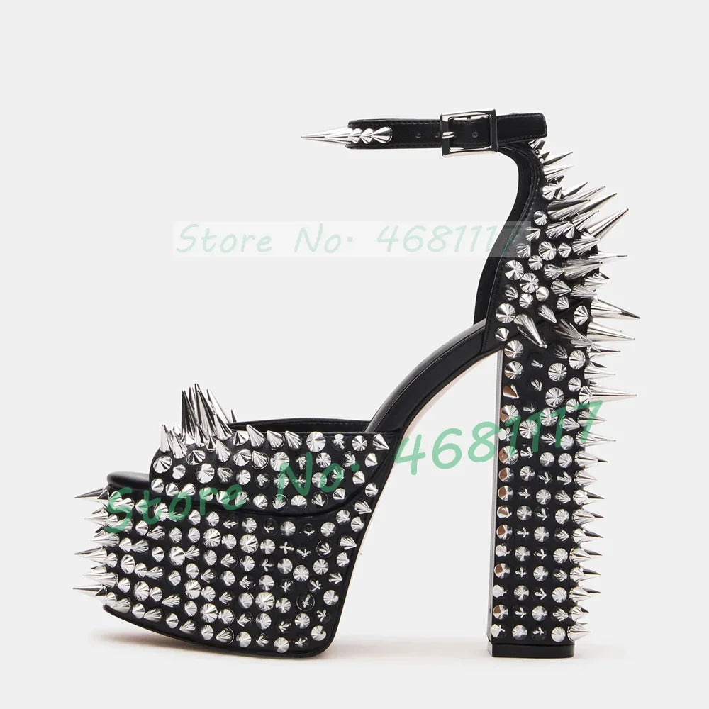Punk Black Platform Silver Studded Sandals Women Sexy Rivets Decor Moto Block Heel Shoes Ladies Party Ankle Strap Bling Sandals