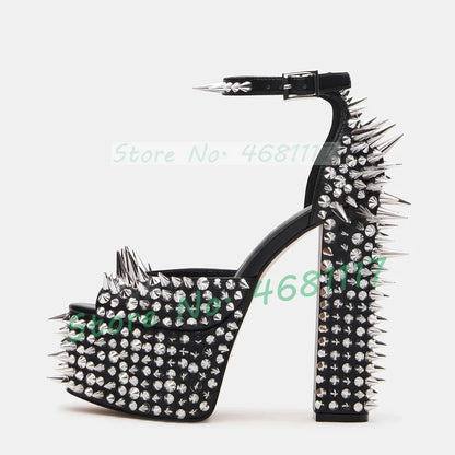 Punk Black Platform Silver Studded Sandals Women Sexy Rivets Decor Moto Block Heel Shoes Ladies Party Ankle Strap Bling Sandals