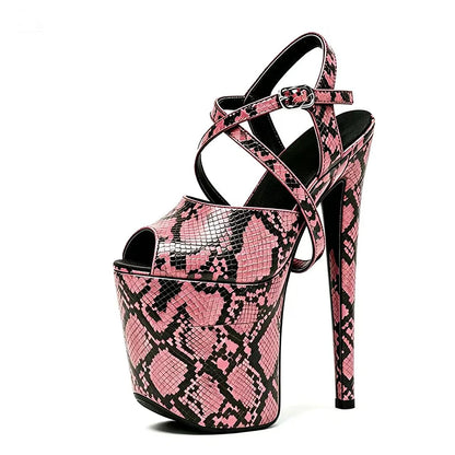 2026 Summer Sexy Runway Shoes Peep Toe Snakeskin Pattern Sandals For Woman 20CM Super High Thin Heels Nightclub Platform Sandals