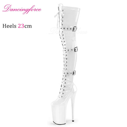 23cm High Heels Buckle Belts Over Knee Boots Exotic Dancer Catwalk Pole Dance Shoes Women Sexy Thigh High Long Boots