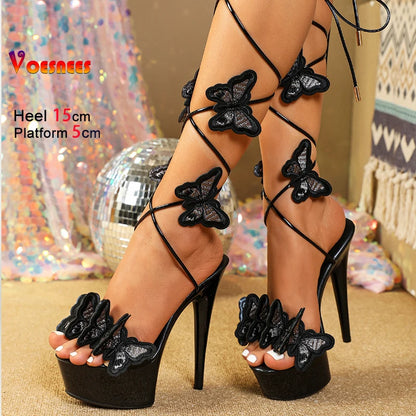 15CM Stiletto Butterfly Lace-up Pole Dance Shoes Women Platform Designer Summer Ankle Strap Party Sandals Summer Stripper Heels