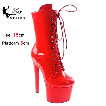 Sexy 15CM Exotic Pole Dancing Shoes High Heel Platform Lace-Up Spring Autumn Bright Silver Gradient Ankle Boots Stripper Shoes