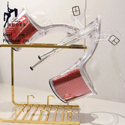 High-quality 17CM/7inches Women Sandals Stripper High Heel Shoes Transparent Platform Glitter Stiletto Pole Dance Shoes Wedding - Grande Heels