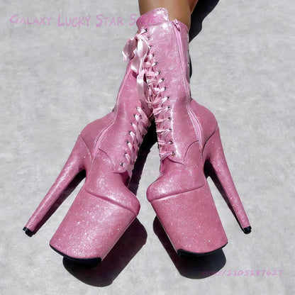Sparkling Pink Fine Shimmer Glitter Pole Dance Boots Women Red Lace-Up 20Cm Platform White Bling Sequins Glossy Red Zipper Heels