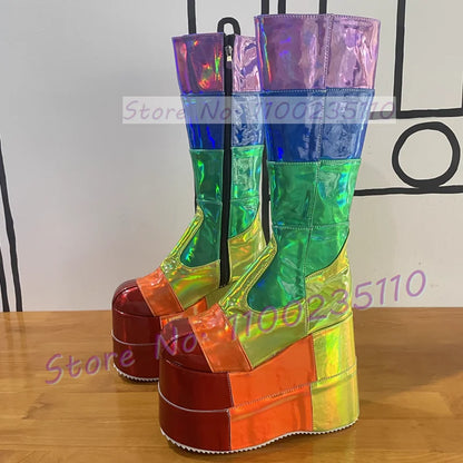 Bling Platform Wedges High Boots Women Chic Sequine Silver Glitter Boots Height Increasing Winter Ladies Luxury High Heels Boots