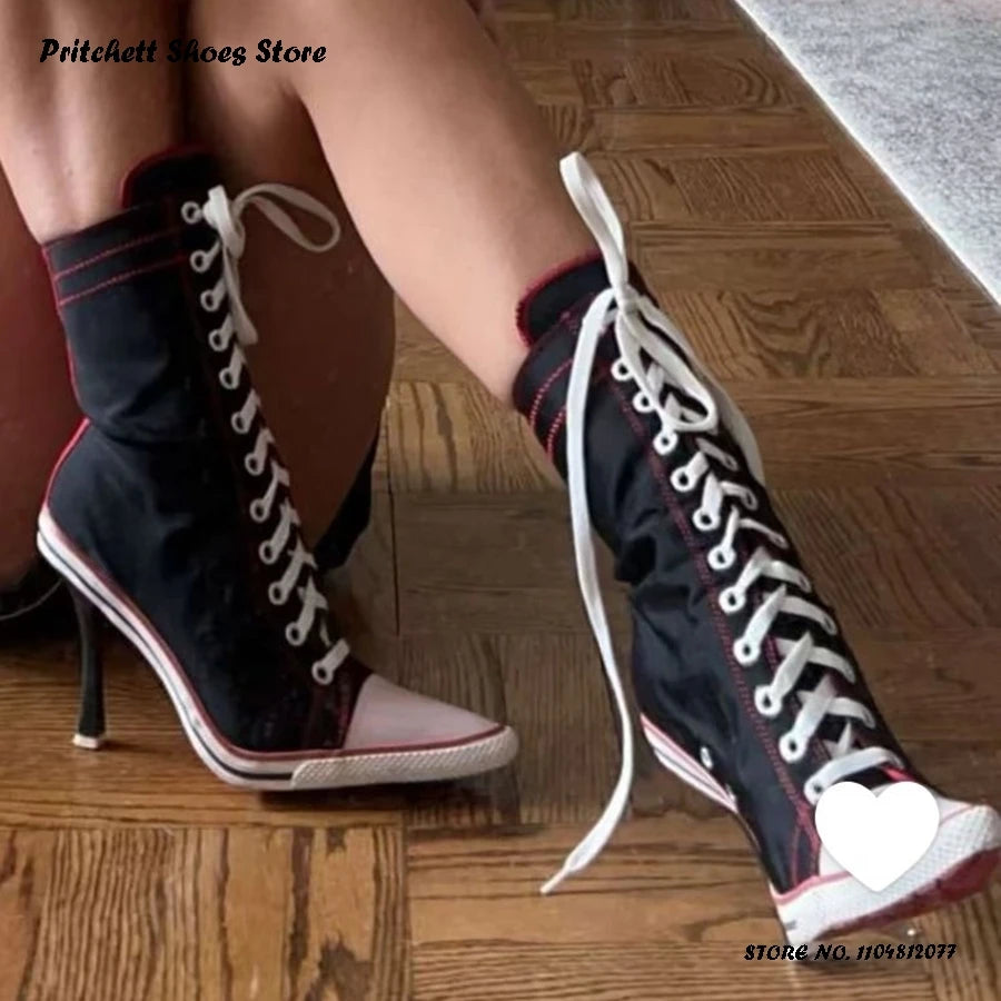 Women's Sports Style Sneaker Booties Spring Autumn Trending Street Style Shoes Pointed Toe Thin High Heels Lace-up Ankle Boots