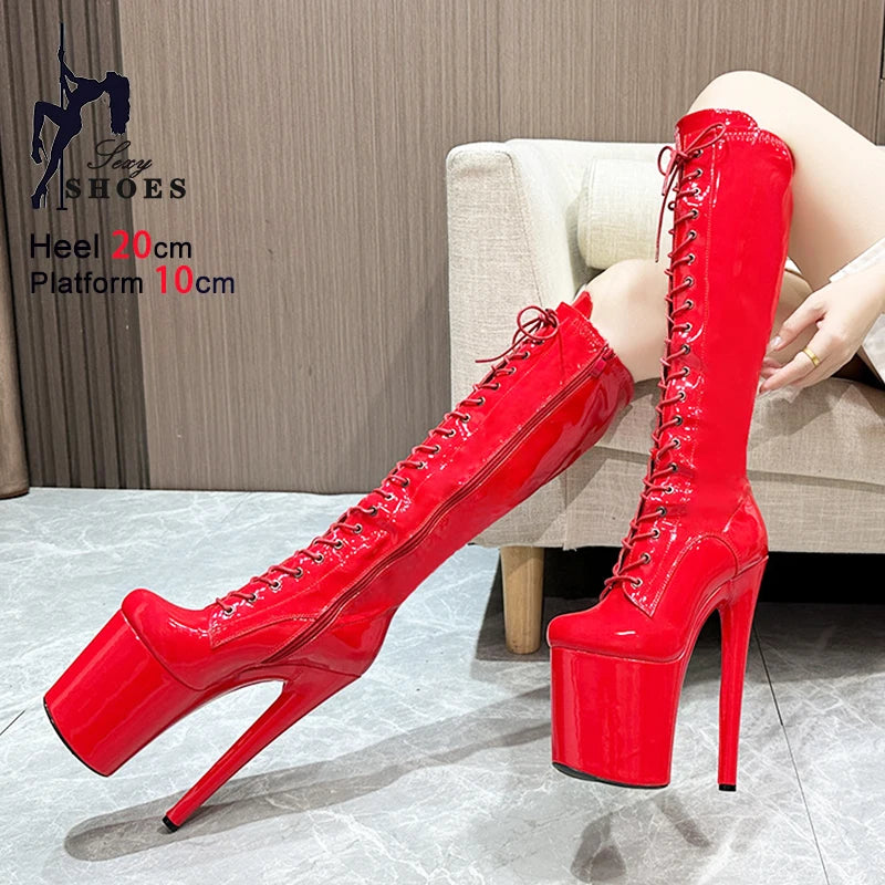 Exotic Sexy Dance Shoes For Women 20CM Super High Heels Model Catwalk Show Side Zipper Knee High Boots 10CM Platform Red Boots