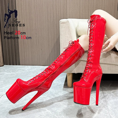 Exotic Sexy Dance Shoes For Women 20CM Super High Heels Model Catwalk Show Side Zipper Knee High Boots 10CM Platform Red Boots