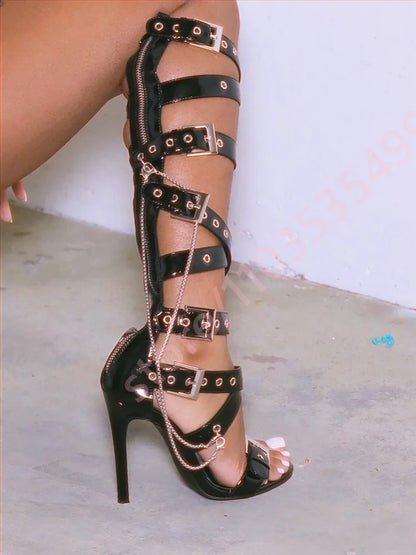 Sexy Women's Gothic Chain Buckle Knee-High Heels 2026 Summer New Peep Toe Stiletto Sandals Punk Style Runway Party Long Boots