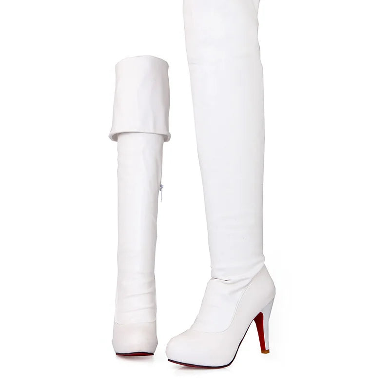 Sexy Spuer High Heel Over The Knee Boots Women Platform Stretch Boots Zipper Autumn Winter Fashion Women Shoes Black White