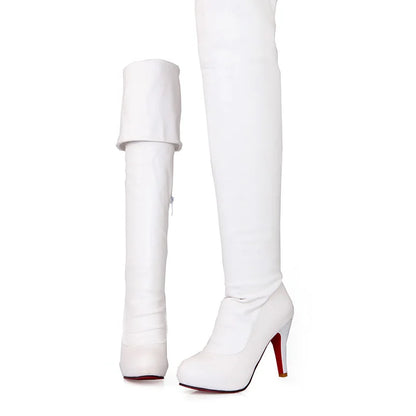 Sexy Spuer High Heel Over The Knee Boots Women Platform Stretch Boots Zipper Autumn Winter Fashion Women Shoes Black White