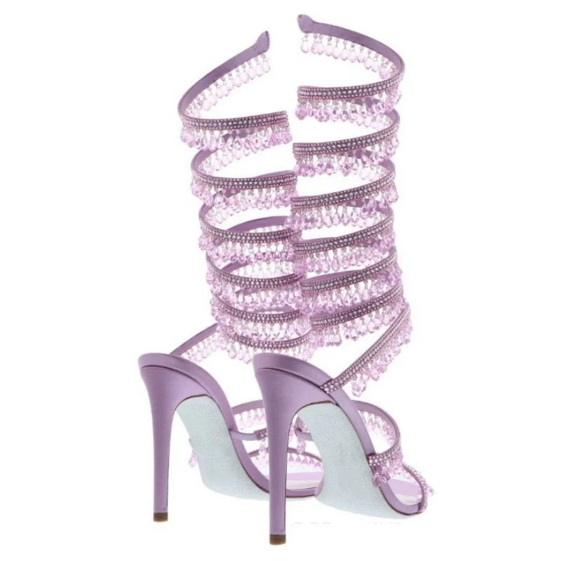 Thin high-heeled sandals summer new snake-shaped wrapped crystal pendant fringed rhinestone shoes banquet large-size women shoes