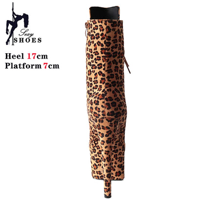 New Sexy Leopard 17cm/7Inchs Super High Heels Pole Dancing Ankle Boots Laces Round Head Platform Stripper Party Heels For Women