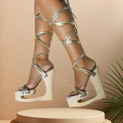 Black Knitted Strap Wooden Strange Style Heels Sandals Lace Up Women Shoes Open Toe New Party Banquet 2026 Zapatos Para Mujere