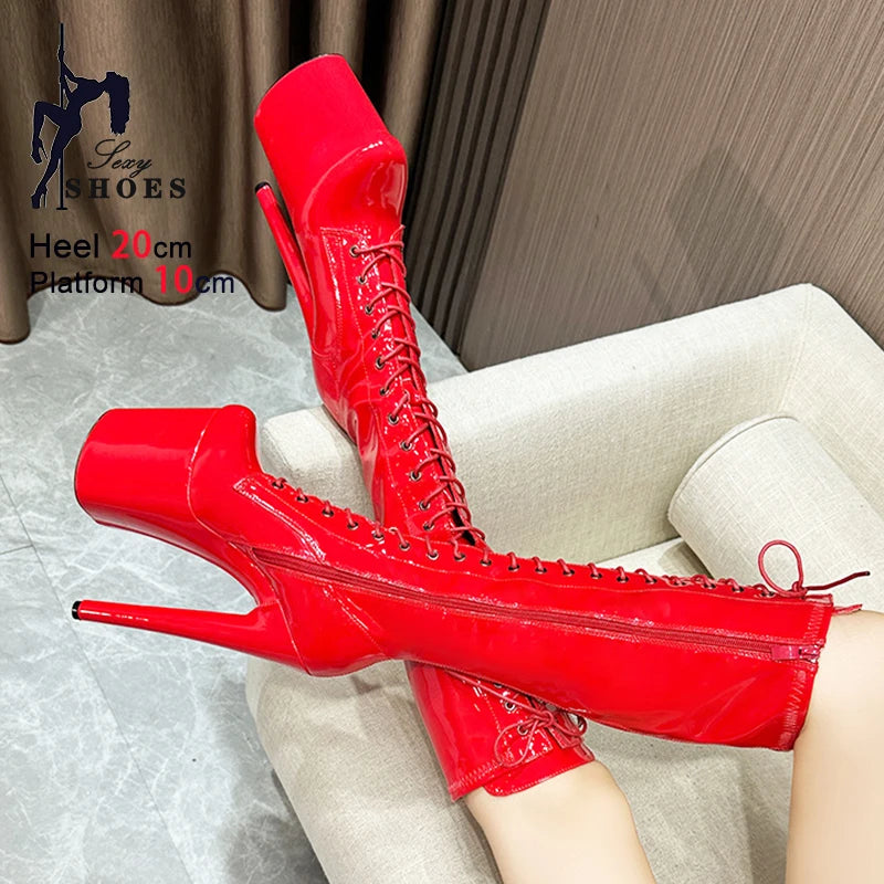 Exotic Sexy Dance Shoes For Women 20CM Super High Heels Model Catwalk Show Side Zipper Knee High Boots 10CM Platform Red Boots