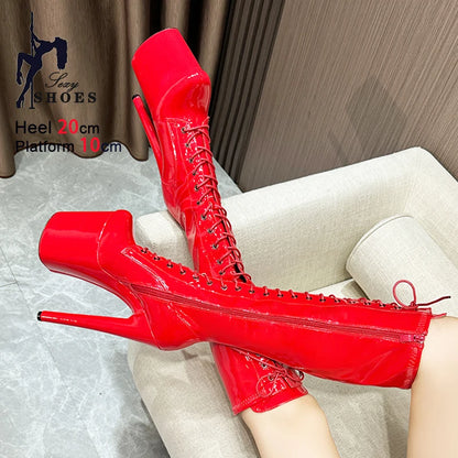 Exotic Sexy Dance Shoes For Women 20CM Super High Heels Model Catwalk Show Side Zipper Knee High Boots 10CM Platform Red Boots