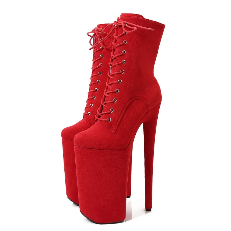 2025 Women Sexy Fashion Ankle Boots 26cm Super High Thin Heel Round Toe Lace Up Flannel Pole Dance Boots Catwalk Stage Shoes