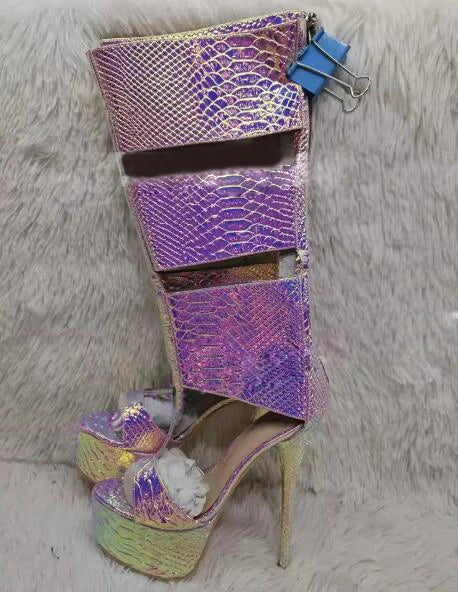 Super Platform Knee Sandal Boots Women Caged Thick T-Strap Gladiator Open Toe Back Zipper Summer Cutout Botas Lady Shoes