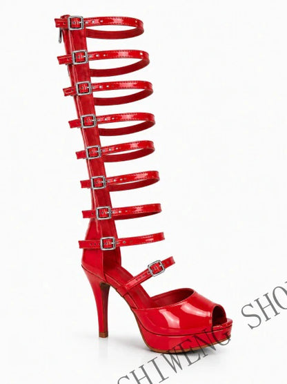 2026 Summer Metallic Gold Thigh High Heels Gladiator Wrap Strap Design Ultra High Stiletto Platform Shiny Party Sandals 44