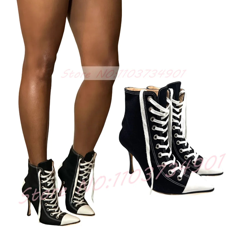 Splicing Pointed Toe Stiletto Boots Women Black Denim Lace-up High Heels Sneakers Female Sexy Fashion Ankle Boots