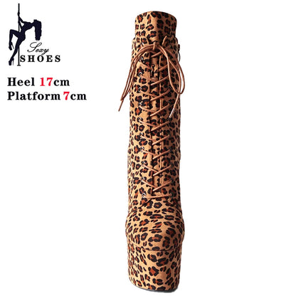 New Sexy Leopard 17cm/7Inchs Super High Heels Pole Dancing Ankle Boots Laces Round Head Platform Stripper Party Heels For Women