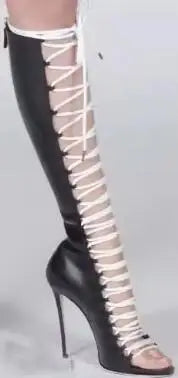 Women Yellow White Black Leather Patchwork Cross Tied Lace Up Peep Toe Thin Heels Zipper Back Gladiator Knee High Sandals Boots