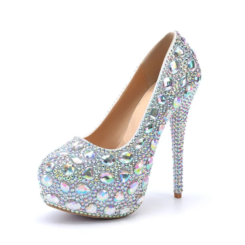 Sexy Fashion Women's Pumps Rhinestone Platform Wedding PU 14CM Thin Heels Round Toe Shallow Party Blue Pole Dancing Woman Shoes