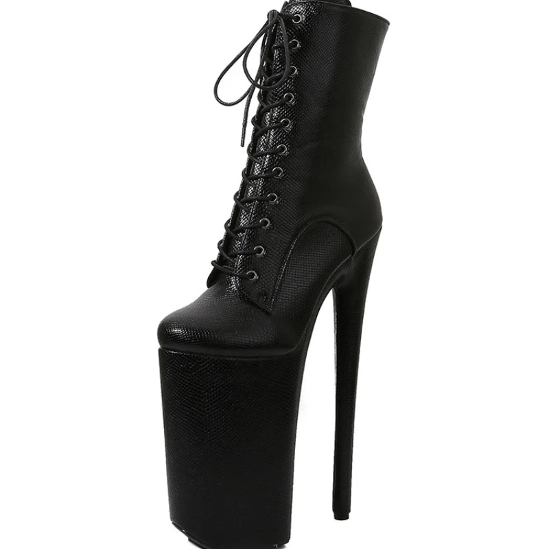 2025 Women Boots Fashion Super High Heels Snake Pattern 26cm Sexy Round Toe Platform Nightclub Pole Dance Boots Runway Shoes