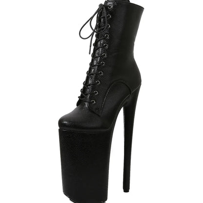 2025 Women Boots Fashion Super High Heels Snake Pattern 26cm Sexy Round Toe Platform Nightclub Pole Dance Boots Runway Shoes