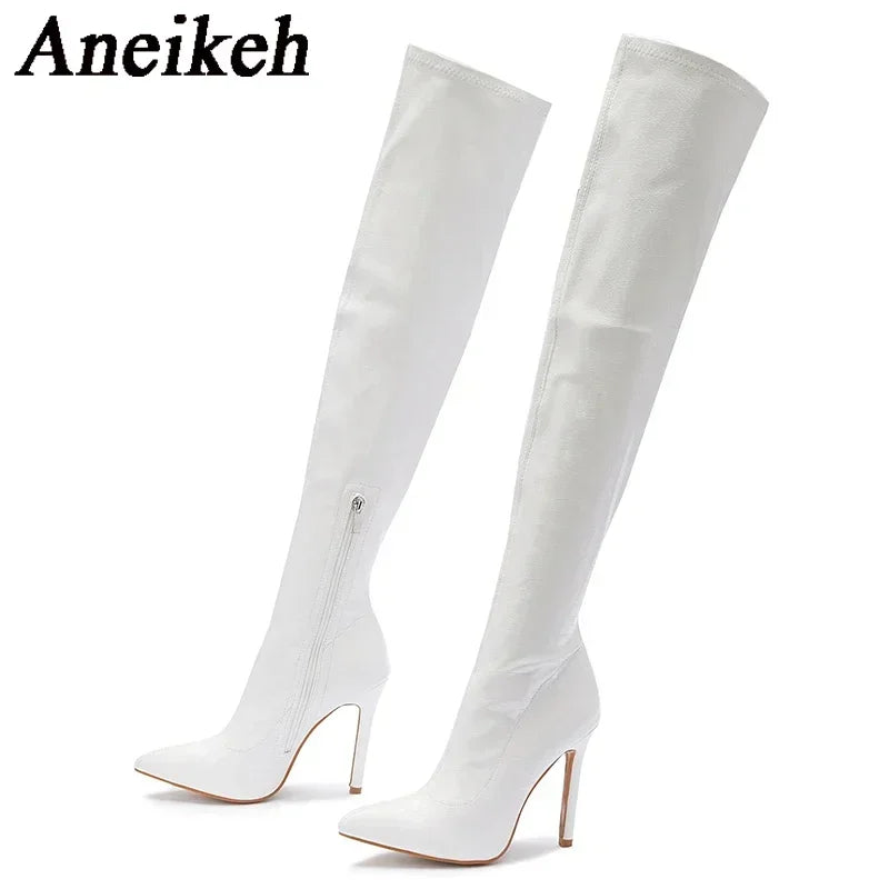 Aneikeh NEW Fashion Striped 11CM Thin Heels Ladies Boots 2026 Spring Sexy Over-the-Knee Side Zipper Slip-On Pointed Toe Shoes