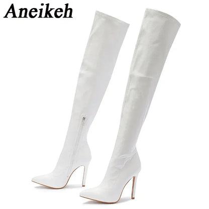 Aneikeh NEW Fashion Striped 11CM Thin Heels Ladies Boots 2026 Spring Sexy Over-the-Knee Side Zipper Slip-On Pointed Toe Shoes