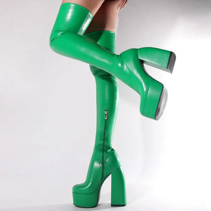 Sexy Ladies Crude Heels Over The Knee Boots for Woman's Round Toe Thin Heels Zipper-Sid Long Botas Mujer 2026 Platform Shoes