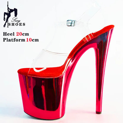 Purple 20cm/8 inch High Heel Sandals Transparent upper Electroplated Stiletto Heels Pole Dancing Sandals for Women Shoes Party