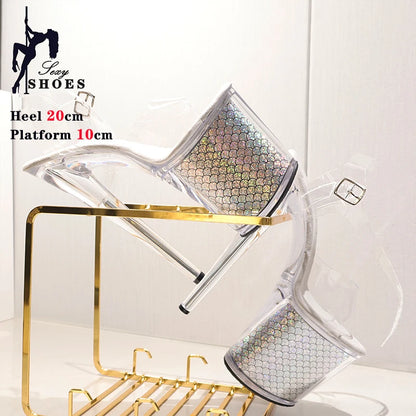 20cm/8Inch Crystal Transparent Women Sandals Models Dress Pole Dance Antiskid Shoes Bling Platform Buckle High Heel Party Shoes